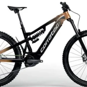 The 2023 Corratec E-Power iLink 180 Race electric mountain bike in a stunning Copper color, featuring an ultralight carbon frame, 180mm full suspension with iLink technology, Bosch CX Race motor, and a coil rear shock for extreme European freeride and enduro.