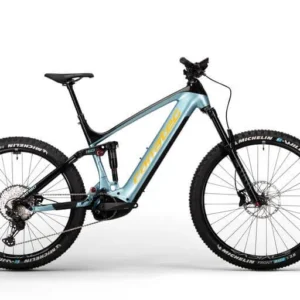 Corratec E-Power RS 160 Pro Team 2023 blue electric mountain bike riding on a steep trail in Europe