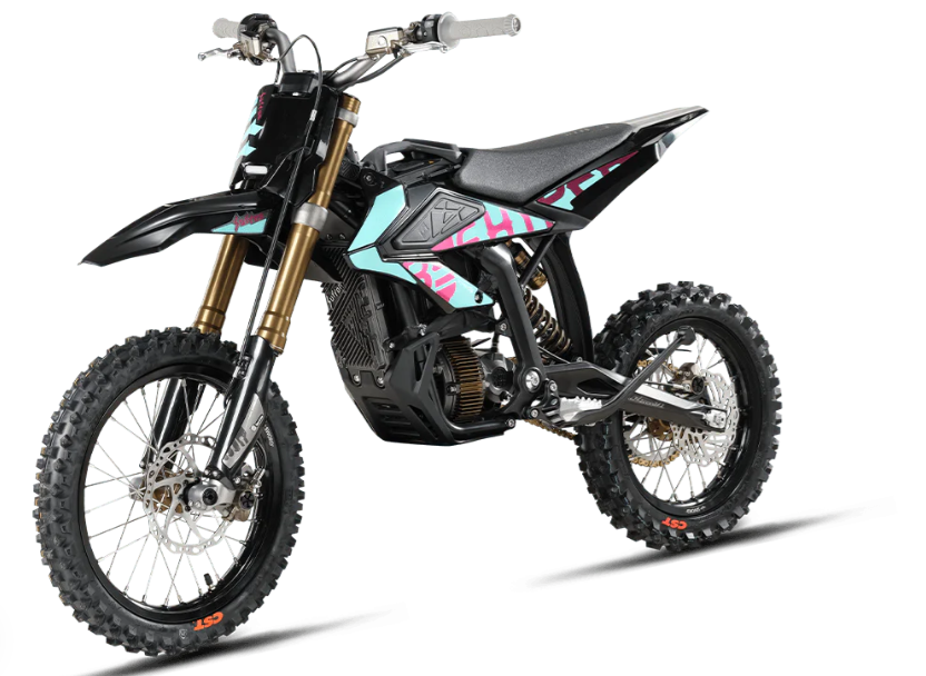 2025 Surron Hyper Bee electric dirt bike performing a mid-air jump on a rugged European off-road track.