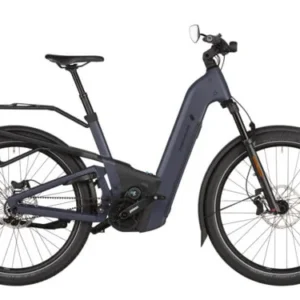 The 2025 Riese & Müller Homage5 GT Pinion HS electric bike in Dark Blue, featuring the revolutionary Pinion MGU (Motor Gearbox Unit), full suspension, Gates Carbon Belt Drive, 800Wh battery, and GX off-road package for high-speed European commuting and trekking.