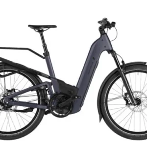 The 2025 Riese & Müller Homage5 GT Rohloff electric bicycle in a stunning blue finish, featuring a low-step-through frame, full suspension, Rohloff E-14 electronic shifting, 800Wh battery, and the GX off-road package for premium European commuting and trekking.