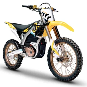 Sur Ron Storm Bee electric dirt bike in motion on a forest trail, rider leaning into a turn, dust kicking up. Dynamic off-road action shot.
